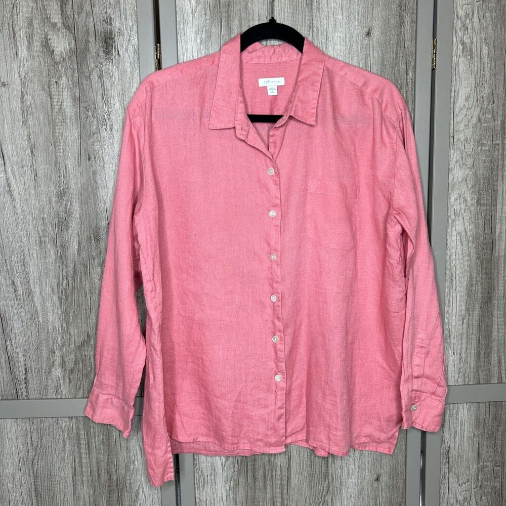 J Jill Love Linen Top Petite Button Down Long Sleeves Pink
